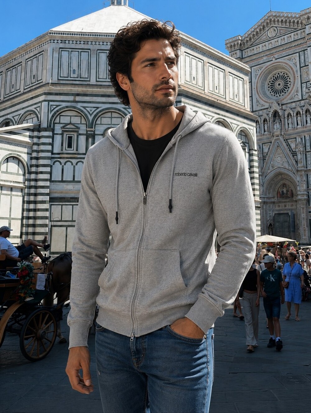 Roberto Cavalli Heather Gray Zip-Front Hoodie Size Large
